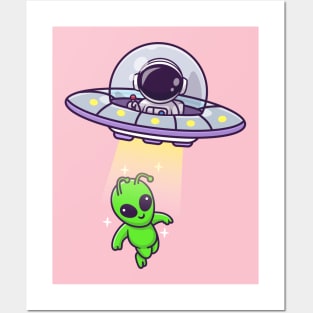 Cute Astronaut Catching Alien With Ufo Cartoon Posters and Art